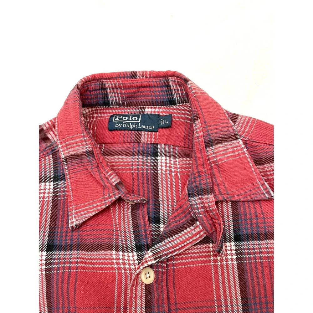Vintage Polo Ralph Lauren Loop Collar Camp Flannel Shirt Large 90s